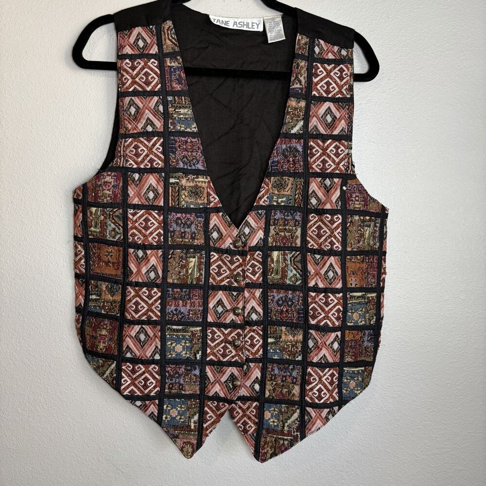Vtg 90s Tapestry Vest M Women Sequin Patchwork Boho Cottagecore Teacher Folk Art